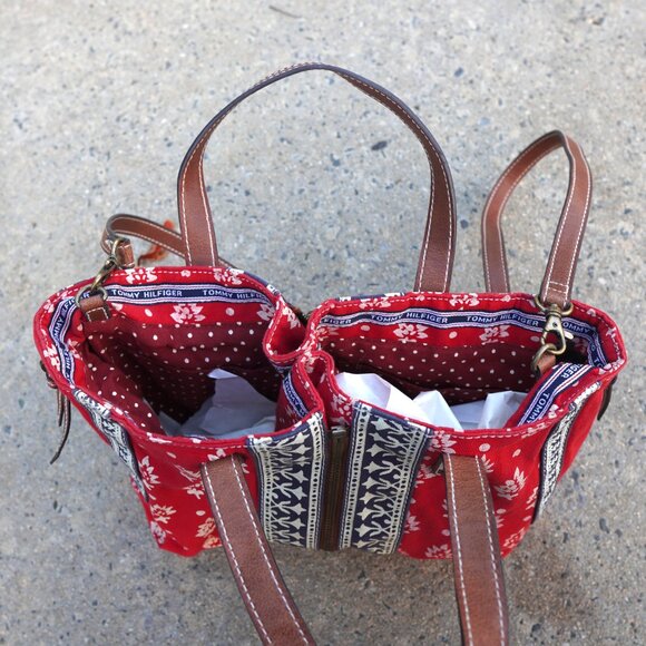 Tommy Hilfiger Boho Red Blue Tan Patterned Hobo Bag Expandable - Picture 5 of 8